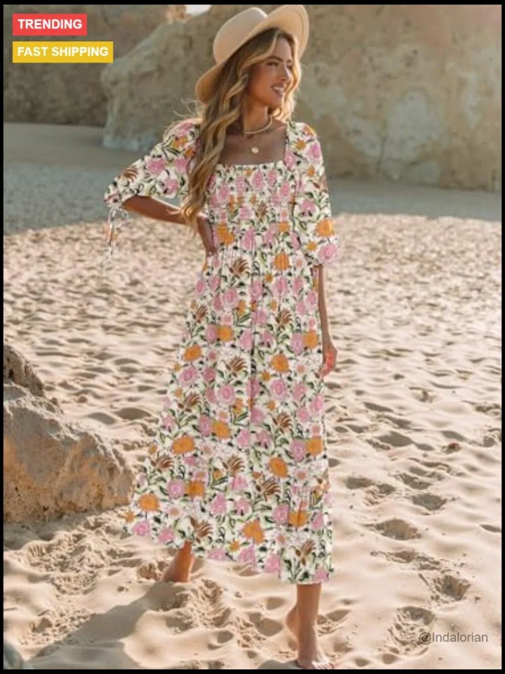 Puff Sleeve Square Neck Smocked A-Line Maxi Dress with Pockets - Picture 4 of 7